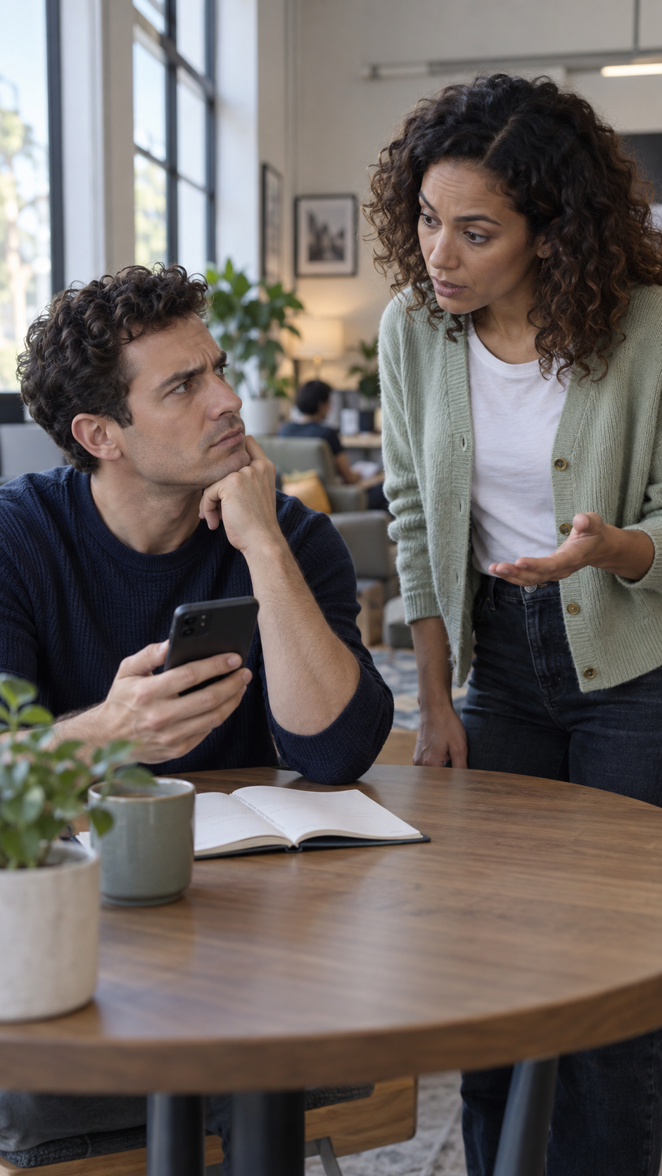 Fictional Leo and Nia discussing a message beside an open notebook